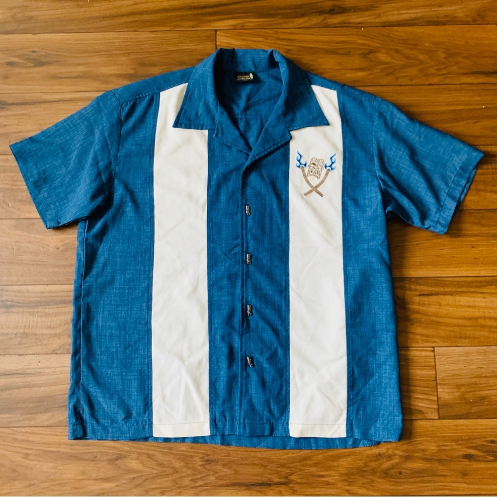Steady Last Call Mens Blue & White Bowling Rockabilly Retro Tiki Shirt Size L